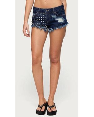 Edikted Studded & Distressed Low Rise Denim Shorts - Blue