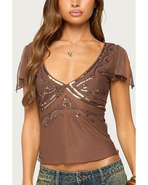 Edikted Ciri Sequin Mesh V Neck Top - Brown