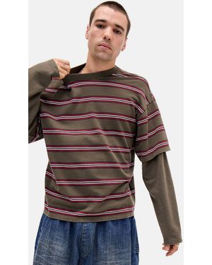 iets frans... Stripe Double Layer Long Sleeve T-shirt - Brown