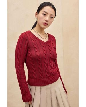 iets frans... Blaire V-neck Cable Knit Jumper Xl At Urban Outfitters - Red