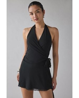 Urban Outfitters Uo Fashionably Late Mesh Wrap Plunging Halter Mini Dress - Black