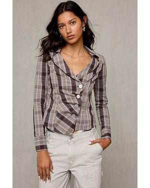BDG Vix Asymmetric Ruffle Button-Down Shirt - Gray