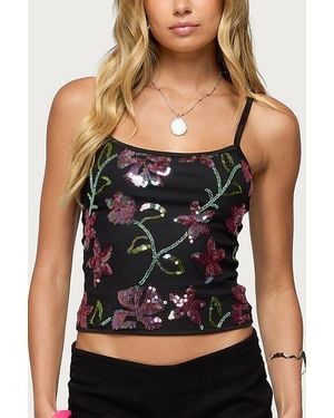 Edikted Beaded Floral Embroidered Tank Top - Black