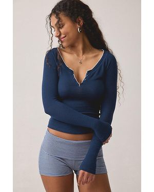 Out From Under Diana Ribbed Picot Trim Long Sleeve Henley Top - Blue