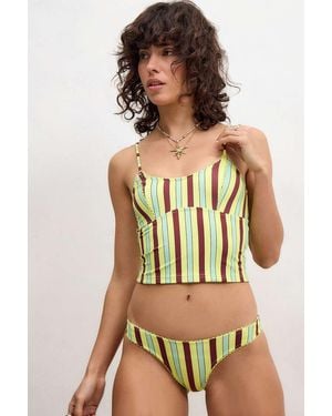 Damson Madder Tropical Stripe Picot Trim Bikini Bottoms - Green