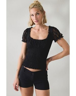 BDG Flora Lace Smocked Square Neck Milkmaid Blouse - Black