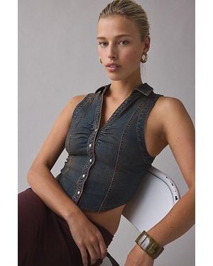 BDG Rae Snap-Front Cropped Denim Vest Top Jacket - Gray