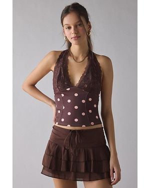 Urban Outfitters Uo Luna Mixed Lace Trim Plunge Halter Top - Brown