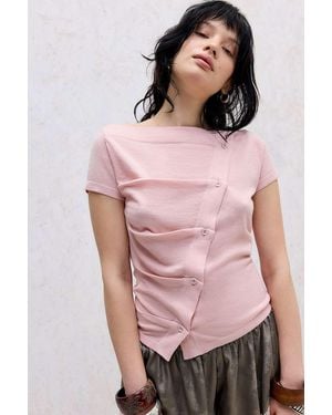 BDG Rue Slash Neck Asymmetric Button Fine Knit Top - Pink