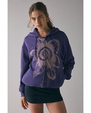 BDG Dusty Bleached Flower Graphic Oversized Zip-Up Hoodie Sweatshirt - Blue