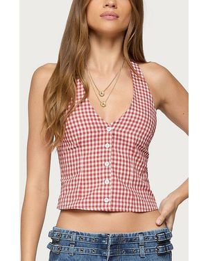 Edikted Evan Gingham Button Up Halter Top - Pink