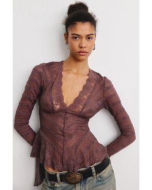 Kimchi Blue Irene Sheer Lace Ruffle Bell Sleeve Top - Brown