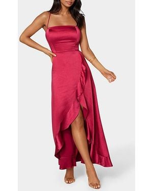 Bebe Satin Ruffle Maxi Lace Up Back Dress - Red