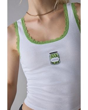 Urban Outfitters Lace Trim Graphic Scoop Neck Cropped Tank Top - Gray