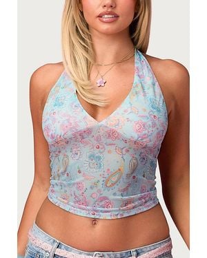 Edikted Barbie Fever Paisley Mesh Halter Top - Blue