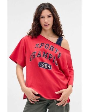 Urban Outfitters Uo Sports Champion Off-shoulder T-shirt - Red