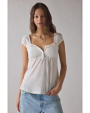 BDG Sawyer Lace Trim Short Sleeve Babydoll Top - Blue