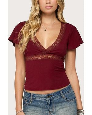 Edikted Yvetta Lacey Flutter Sleeve Top - Red