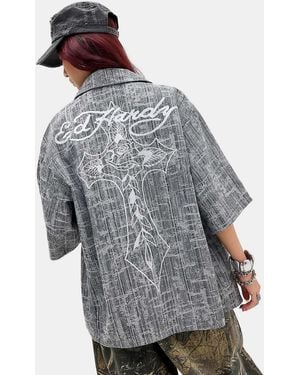 Ed Hardy Distressed Cross Denim Shirt - Grey