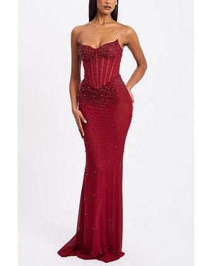Miss Circle Fatima Crystal Corset Mesh Mermaid Maxi Dress - Red