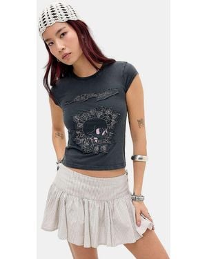 Ed Hardy Floral Skull Appliqué T-shirt - Blue
