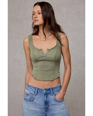 BDG Jules Ruffle Scoop Neck Henley Tank Top - Green