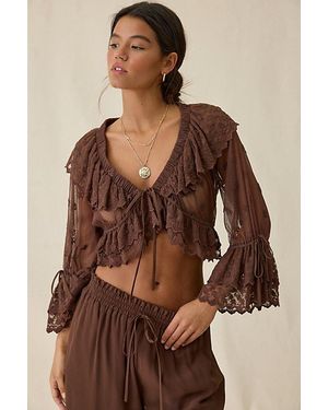 Elevator Disco Eleanor Sheer Lace Ruffle Bell Sleeve Crop Top - Brown