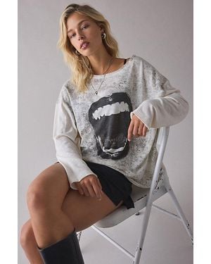 BDG Kurt Mouth Graphic Oversized Boatneck Long Sleeve Tee - Gray