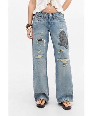 BDG Kayla Rip & Repair Embroidered Lowrider Jeans - Blue