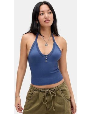 Out From Under Andi Halterneck Button Seamless Vest Top Jacket - Blue