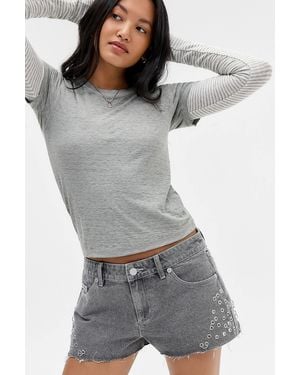 The Ragged Priest Grey Eyelet Charm Mini Shorts