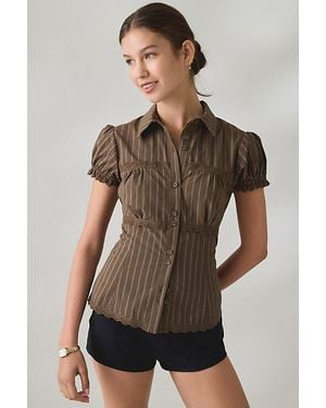 BDG Carolyn Lace Trim Puff Sleeve Button-Down Shirt - Brown