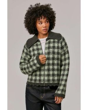 BDG Gingham Knitted Zip-up Cardigan - Green