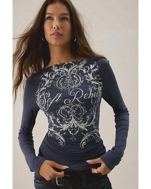 Urban Outfitters Uo Soft Rebel Graphic Slash Neck Long Sleeve Tee - Blue