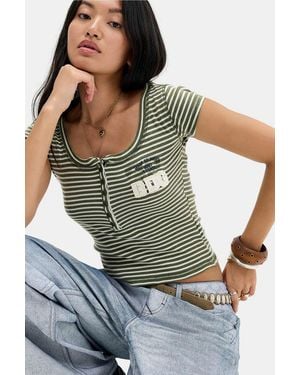 BDG Stripe Appliqué Henley T-shirt - Grey