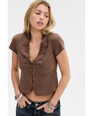BDG Milo Soft Military Button Detail Shirt - Brown