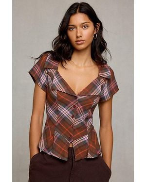 BDG Bianca Peplum Short Sleeve Button-Down Shirt - Brown