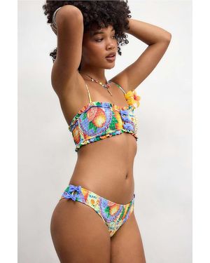 Damson Madder Orange Print Shirred Bow Bikini Bottoms - Blue