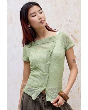 BDG Rue Slash Neck Asymmetric Button Knit Top - Green