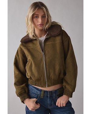 Moon River Teddy Lined Faux Suede Cropped Jacket - Brown