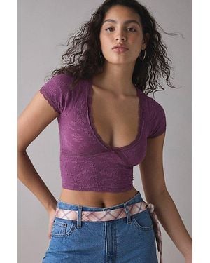 Out From Under Bella Seamless Knit Lace Trim Crop Tee - Purple