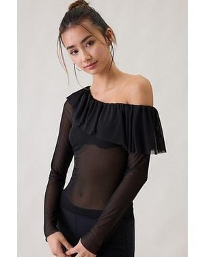 Kimchi Blue Ciara Mesh Asymmetric Ruffle Off-The-Shoulder Top - Black