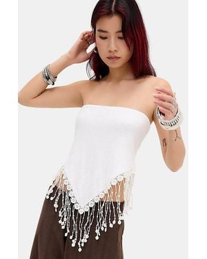 BDG Bennie Lace Trim Fringe Bandeau Top - White