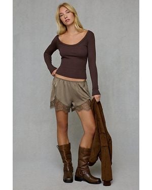 BDG Off-Duty Ribbed Scoop Neck Long Sleeve Tee - Brown