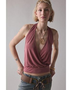 BDG Savannah Wrap-Front Cupro Halter Top - Brown