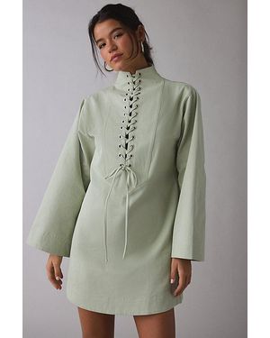 Ghospell Finna Eyelet Lace-Up Long Sleeve Mini Dress - Green