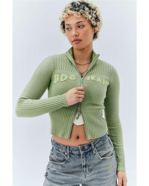 BDG Zip-through Distressed Applique Knit Track Top - Green