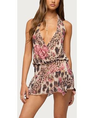 Edikted Aleena Floral Leopard Halter Mini Dress - Red