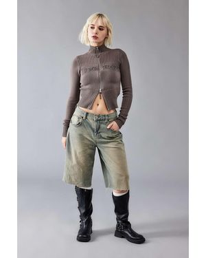 BDG Zip-through Distressed Applique Knit Track Top - Grey