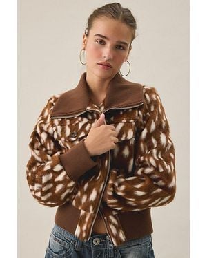Steve Madden Hunton Deer Print Faux Fur Zip-Up Jacket - Brown